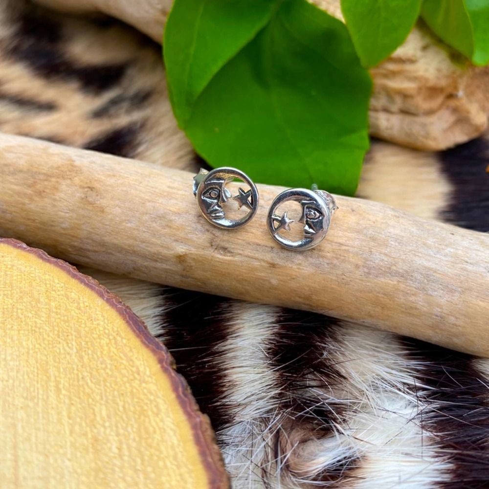 Sterling silver moon and star stud earrings
